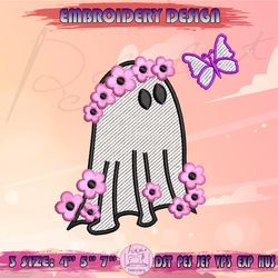 Cute Floral Ghost Embroidery Design, Flower Ghost Embroidery, Spooky Embroidery, Halloween Embroidery, Machine Embroidery Designs