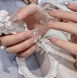 24Pcs/Set Nail Art Fake Nails with Diamonds Pink Silver Glitter Wearing Reusable False Nails Long Ballerina Press on Nai