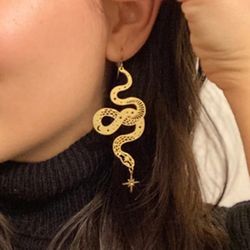 Golden Color Snake Earrings, Fashion Earrings, Gift for Her, Gold Plated, Brass Charms, boho Earrings