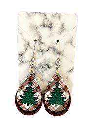 Red and Green Plaid Christmas Tree Earrings - Holiday Dangle Earrings