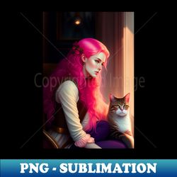 Cute cat with beautiful woman graphic design artwork - Retro PNG Sublimation Digital Download - Boost Your Success with this Inspirational PNG Download