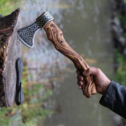 GIFT for HIM Viking HATCHET Axe Fenrir Wolf Forged Carbon Steel Axe with Wood Handle Viking Bearded Battle . Am industry