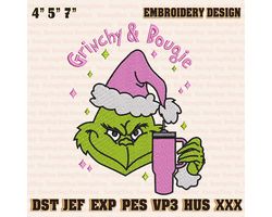 Retro Pink Christmas Embroidery Machine Design, Christmas Greenchy And Bougi Embroidery Design, Christmas Green Monster