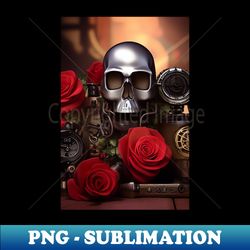 Silver Skull with Roses - Elegant Sublimation PNG Download - Perfect for Personalization