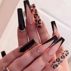 24pcs/set French Sexy Leopard Print Long Ballet Nail Pieces Wearable Removable Fake Nail With Rhinestone Press On Nail