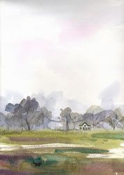 Original Watercolor Spring Countryside Landscape Painting