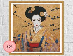 Cross Stitch Pattern,Geisha Portrait,Gustav Klimt Inspired,Asian Design,Instant Download,Geisha,Printable,Full Coverage