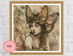 Cross Stitch Pattern ,Fairy In Old Paper Design,Fantasy,Full Coverage,Pdf,X Stitch Chart,Butterflies