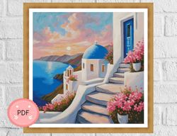 Cross Stitch Pattern,Sunset on Santorini Island,Greek Island,Pdf Instant Download,Greece Cityscape,Santorini,Mykonos