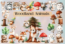 Watercolor Woodland animals nursery Clipart,Clipart, PNG format, Baby Room Decor, Forest Creatures, Cute Animal images