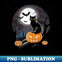 Black cat with orange eyes on pumpkin and spiders - Exclusive PNG Sublimation Download - Perfect for Creative Projects