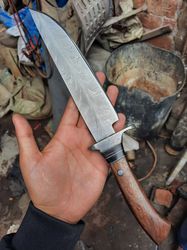 Custom Handmade Damascus Steel FEATHER Pattern Fixed Blade Hunting Bowie Knife.