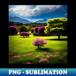 Ai Generated Spring Meadow Landscapes With a Few Scattered Trees or Bushes Ai Generated Art - Elegant Sublimation PNG Download - Perfect for Personalization