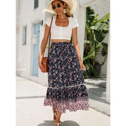 Boho Retro Floral Print Skirts Women 2023 Summer High Waist Line Pleated Long Skirts Casual Holiday Beach Skirt