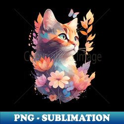 Cute Cat Watercolor Painting with Floral Splash - Digital Sublimation Download File - Bold & Eye-catching