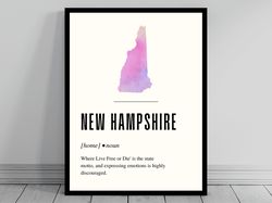 Funny New Hampshire Definition Print  New Hampshire Poster  Minimalist State Map  Watercolor Silhouette  Modern Travel