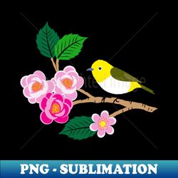 Japanese sakura flowers with yellow birds - Premium PNG Sublimation File - Fashionable and Fearless