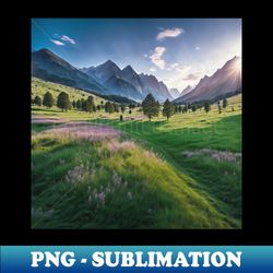 A Tranquil Meadow Nestled in a Mountain Valley Offering a Serene and Idyllic Setting Ai Generated Art - Professional Sublimation Digital Download - Perfect for Sublimation Art
