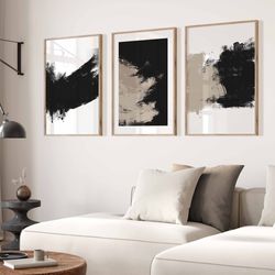 modern neutral abstract gallery wall art set of 3 black beige neutral nordic prints abstract art brush strokes modern ab