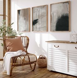 Modern Neutral Abstract Gallery Wall Art Set of 3 Black Beige Neutral Nordic Prints Simple Abstract Art Brush Strokes Mo