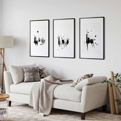 Modern Simple Minimal Abstract Set of 3 Black and White Prints Minimalist Brush Strokes Contemporary Decor Ink Painting,