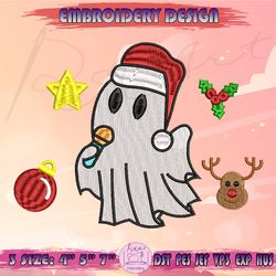 cute ghost santa hat embroidery design, christmas ghost embroidery, spooky christmas embroidery, halloween christmas embroidery designs
