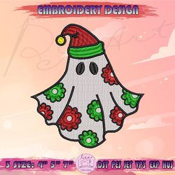 christmas floral ghost embroidery design, ghost santa hat embroidery, spooky christmas embroidery, halloween christmas embroidery designs