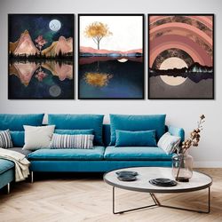 Mountain wall art set print Mid century modern poster Nature set of 3 canvas Forest 3 piece wall decor Bedroom boho 3 pi
