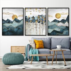 Nature 3 piece wall art prints Sun and moon geometric poster Mid century modern wall decor Abstract mountain extra large