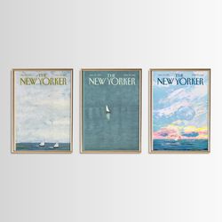 New Yorker Magazine Cover Set Of Three, Sailboat Ocean Paintings, New Yorker Prints, PRINTABLE, New Yorker Posters, NW3-