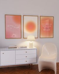 Orange Poster Set of 3, Positive Posters Set of 3 Prints, Pink Aesthetic Room Decor, Retro Gradient Print, 3 Piece Typog