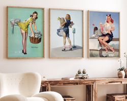 Pin Up Girls Poster Print - Set of 3 Housewife Pin Girls, Vintage Art, Retro Poster Set, Wall Art Posters, Wall Art