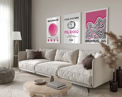 Pink Gallery Wall Art Set Of 3, Bauhaus Print, Picasso Poster, Bauhaus Abstract Wall Art, Exhibition Poster Set, Trendy