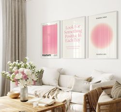 Pink Poster Set of 3 Positivity Art Print, Positive Retro Gradient Poster 3 Piece Wall Art, Pink Aesthetic Bedroom Decor