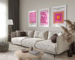 Pink Wall Art Set Of 3 Prints, Henri Matisse Pink Art Print, Yayoi Kusama Poster Set, Pink Block Art, Exhibition Poster