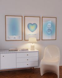 Positive Aura Affirmation Prints, Y2K Aesthetic 3 Piece Wall Art, Grainy Gradient Set of 3 Prints, Blue Gradient Psyched
