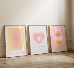 Positive Aura Affirmation Prints, Y2K Aesthetic 3 Piece Wall Art, Grainy Gradient Set of 3 Prints, Pink and Orange Psych