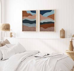 Printable Art Set Of 2 Abstract Landscape Downloadable Print Minimal Blue And Rust Mountain Wall Art Terracotta Decor Mi