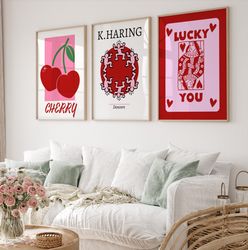 Retro Trendy Wall Art Set Of 3, Funny Dorm Decor, Lucky You Poster, Queen of Hearts Wall Art, Keith Haring Print, Cherry