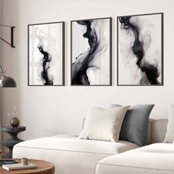 Set of 3 Art Prints Black and White Wall Art Modern Decor Large Wall Art Contemporary Home Decor Ink Painting Printable