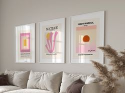 Set of 3 And Warhol Poster,Pink Color Block Print, Matisse Poster Set, Gallery Wall Bundle,Museum Poster,Danish Pastel D