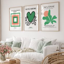 Set of 3 Keith Love Poster, Green Orange Color Block Print, Matisse Poster, Gallery Wall Bundle, Museum Poster, Haring P