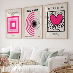 Set of 3 Keith Love Poster, Pink Color Block Print, Bauhaus Poster Set, Gallery Wall Bundle, Museum Poster, Haring Print