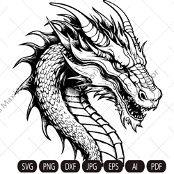 Dragon portrait svg, Dragon head svg, Dragon face svg, Dragon detailed, Dragon vector, instant digital download