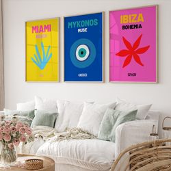 Travel Print Set of 3, Gallery Wall Set Trendy Travel Set, Colorful Travel Poster, Maximalist Wall Art, Ibiza Poster, Ma