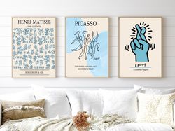 Gallery Wall Set of 3, Boho Museum Exhibition Poster,Blue Matisse Print,The Three Dancer Poster of Picasso, Crossed Fing