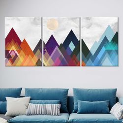 Geometric 3 piece wall art print Sun and moon poster Bedroom modern wall decor Abstract mountain extra large framed canv