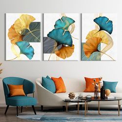 Gold abstract 3 piece wall art print Scandinavian set of 3 poster Nordic wall decor Extra large framed botanical canvas