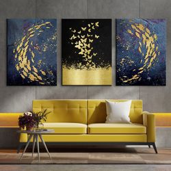 Gold butterfly 3 piece wall art print Abstract black set of 3 poster Modern wall decor Extra large framed fish canvas Li
