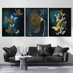 Gold butterfly 3 piece wall art print Abstract black set of 3 poster Nordic wall decor Extra large framed botanical canv